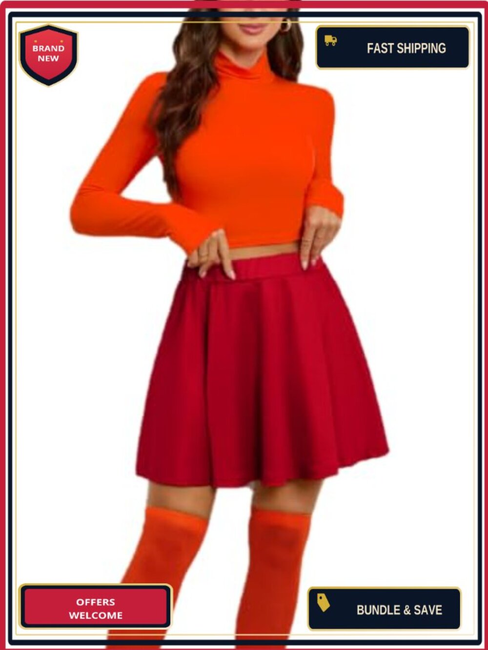Women's 3 Pc Halloween Costume Set Turtleneck Crop Top Flared Skirt